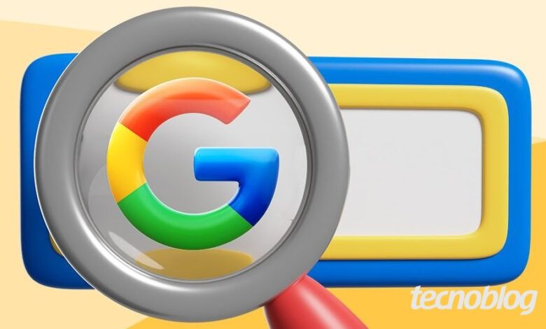 Illustração mostra uma lupa sobre o logotipo do Google, uma letra G em cores vermelho, amarelo, verde e azul, sinalizando a busca no navegador. Na parte inferior direita, está a marca d'água do 