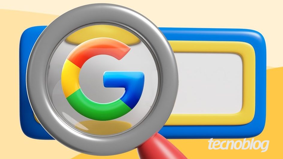 Illustração mostra uma lupa sobre o logotipo do Google, uma letra G em cores vermelho, amarelo, verde e azul, sinalizando a busca no navegador. Na parte inferior direita, está a marca d'água do